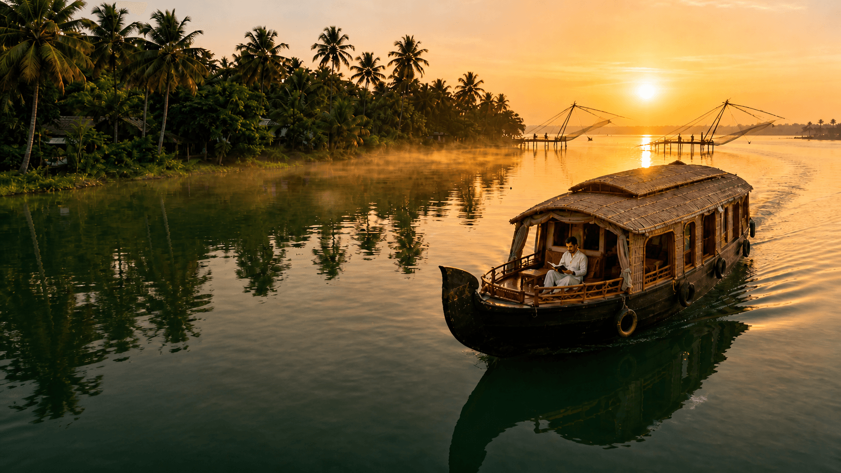 A young aspirant reading on a Kerala houseboat at sunrise, Chinese fishing nets on the far bank.